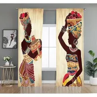 Household supplies MH 2 st Afrikanska Kvinnor Mönster Gardiner Etnisk Färgstark Tryck Sovrum Vardagsrum Dekor Konst Kultur Fönsterpaneler 50W50H(CM)X2PCS&Grommet Top black