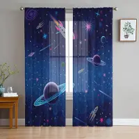 Yiran Furniture Lila Galax Planet Skira Gardiner Vardagsrumsfönster Tyllgardiner För Sovrum Kök Hemdekoration Voile Draperier W135 x H115cm x1&Grommet Top