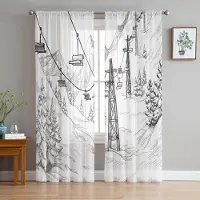 Household supplies MH Vit Snö Linbana Skidberg Skiss Skira Gardiner för Vardagsrumsdekoration Fönstergardiner Kök Tyll Voile Gardiner W135 x H185cm x1