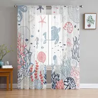 Household supplies MH Sommar Hav Korall Havssköldpadda Skira Gardiner för Vardagsrumsdekoration Fönstergardiner för Kök Tyll Voile Organza Gardiner W135 x H185cm x1