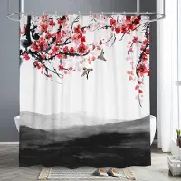 Household supplies MH Röd Plommonblomgren Japansk Kinesisk Duschdraperi Orientalisk Sol Dimmiga Berg Tusch Naturlandskap Badrumskonst Gardiner 90x180cm