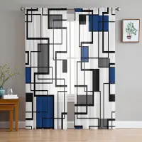 Household supplies MH Abstrakt Geometri Kvadrat Modern Konst Svart Blå Skira Gardiner för Vardagsrumsinredning Fönstergardiner Kök Tyll Voilegardiner W135 x H115cm x1