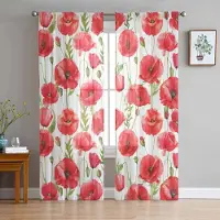 Household supplies MH Akvarell Röda Vallmoblommor Skira Gardiner för Vardagsrumsdekoration Fönstergardiner för Kök Tyll Voile Organza Gardiner W135 x H115cm x1