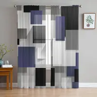 Yiran Furniture Geometriska Figurer Himmelblå Abstrakta Skira Gardiner för Vardagsrumsdekoration Fönstergardin Kök Tyll Voile Organza Draperier W135 x H115cm x1&Grommet Top