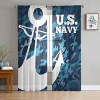Yiran Furniture Nautisk Blå Ankare Roder Båt Fisk Fyr Tyll Skira fönstergardiner Vardagsrum Sovrum Voile Organza Gardiner Draperier W135 x H115cm x1&Grommet Top