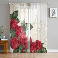 Yiran Furniture Rosa Rosblommor Blomsterbukett Genomskinliga Gardiner För Vardagsrum Tyllgardin För Sovrum Köksfönster Voilégardiner 135W x 114H(cm)