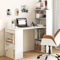 24.Se Skrivbord med bokhylla / datorbord med förvaring / arbetsbord med hyllor / vitt kontorsbord 122 cm