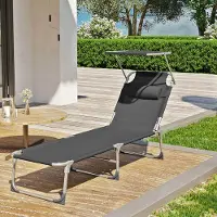 24hShop Solsäng med nackstöd och solskydd / vikbar solstol / justerbar solstol - Grå
