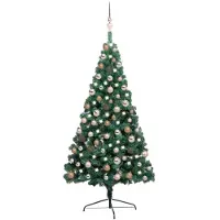 vidaXL Belyst halv plastgran med kulor grön 150 cm