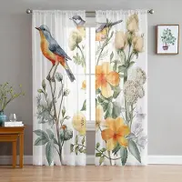 Yiran Furniture Sommar Gröna Löv Fågel Akvarell Skira Gardiner för Vardagsrumsdekoration Fönstergardin Kök Tyll Voile Organza Draperier W135 x H115cm x1&Grommet Top