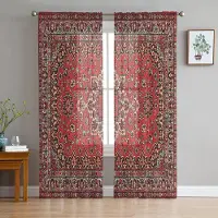 Yiran Furniture Bohemiska Retro Etniska Gröna Skira Gardiner för Sovrum Vardagsrum Dekoration Fönstergardin Kök Tyll Voile Organza Draperier W135 x H115cm x1&Grommet Top