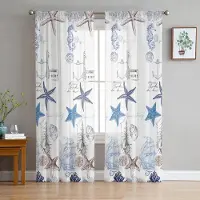 Yiran Furniture Marin Textur Snäckskal Sjöstjärna Sjöhäst Skira Gardiner för Vardagsrumsdekoration Fönstergardin Kök Tyll Voile Draperier W135 x H137cm x1&Grommet Top