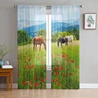 Yiran Furniture Djur Häst Akvarellmålning Tyll Skira Gardiner för Vardagsrumsdekoration Fönstergardin för Sovrum Voile Organza Draperier W135 x H115cm x1&Rod Pocket