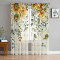 Yiran Furniture Papegoja Fågel Ros Blomma Retro Skira Gardiner för Vardagsrumsdekoration Fönstergardin Kök Tyll Voile Organza Draperier W135 x H115cm x1&Grommet Top beige