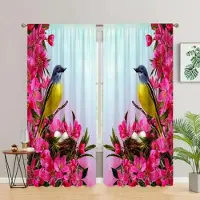 Yiran Furniture 2 st Blommor Fåglar Tryckta Gardiner Stångficka Fönsterbehandling för Elegant Heminredning i Sovrum Kontor Kök och Vardagsrum W55 X H120cm X 2&HOOK