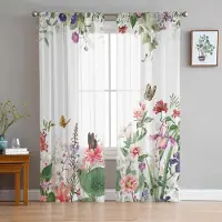 Yiran Furniture Prästkrage Blomma Fjärilsbuskar Skira Gardiner för Vardagsrumsdekoration Fönstergardin Kök Tyll Voile Organza Draperier W135 x H115cm x1&Rod Pocket