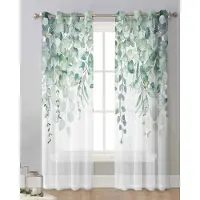 Yiran Furniture Grönt Löv Eukalyptus Växt Tyll Vardagsrumsdekoration Transparenta Skira Gardiner Sovrum Kök Voile Chiffong Draperier W65X60H(cm)X2Pcs&Hook