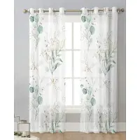 Yiran Furniture Grönt Löv Eukalyptus Växt Tyll Vardagsrumsdekoration Transparenta Skira Gardiner Sovrum Kök Voile Chiffong Draperier W65X60H(cm)X2Pcs&Hook