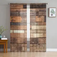 Yiran Furniture Tyllgardiner med träplankstextur för vardagsrummet Tryckta skira voilegardiner Sovrumsfönsterskärm Draperier Persienner Heminredning W135 x H115cm x1&Grommet Top