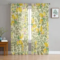 Yiran Furniture Frukt Akvarell Citron Rosa Blomma Skira Gardiner för Vardagsrumsdekoration Fönstergardin Kök Tulle Voile Organza Draperier W135 x H185cm x1&Grommet Top