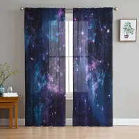 Yiran Furniture Stjärnklara himmelsblå skira gardiner för vardagsrumsdekoration Fönstergardiner för kök Tyll Voile Organza Gardiner W135 x H137cm x1&Rod Pocket