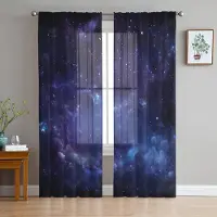 Yiran Furniture Stjärnklara himmelsblå skira gardiner för vardagsrumsdekoration Fönstergardiner för kök Tyll Voile Organza Gardiner W135 x H115cm x1&Rod Pocket
