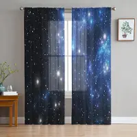 Yiran Furniture Stjärnklara himmelsblå skira gardiner för vardagsrumsdekoration Fönstergardiner för kök Tyll Voile Organza Gardiner W135 x H185cm x1&Rod Pocket
