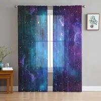 Yiran Furniture Stjärnklara himmelsblå skira gardiner för vardagsrumsdekoration Fönstergardiner för kök Tyll Voile Organza Gardiner W135 x H137cm x1&Rod Pocket