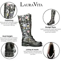 LAURA VITA Women's Victorian Floral Black Leather High Lace-Up Long Boots - Cocrailo-82