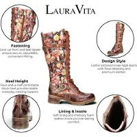 LAURA VITA Women's Victorian Floral Maroon Leather High Lace-Up Long Boots - Cocrailo-82