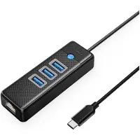 ORICO PW3UR25-C3 USB-hubb med 4 portar: 3 x USB-A 3.0 och 1 x RJ45 2,5 G Ethernet, 0,15 m – svart