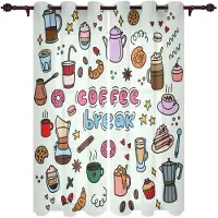 Yiran Furniture 2 Delar Café Doodle Tekanna Kopp Mat Fönstergardiner Sovrum Kök Dekor Gardinpanel Fönstergardiner för Vardagsrum Kaffe W60xH100(CM)x2pcs&Rod Pocket