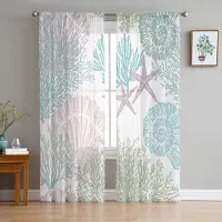 Yiran Furniture Blå Marin Korall Snäckor Sjöstjärnor Skira Gardiner för Vardagsrumsdekoration Fönstergardiner Kök Tyll Voile Organza Gardiner W135 x H115cm x1&Grommet Top
