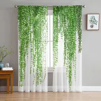 Yiran Furniture Växt Gröna Rottingblad Vita Chiffong Skira Gardiner för Vardagsrum Sovrum Dekoration Fönster Voiler Tyg Draperier Gardin W135 x H115cm x1&Rod Pocket