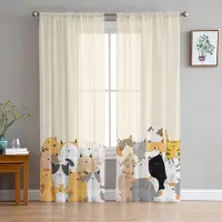 Yiran Furniture Tecknad Djur Katt Skira Voile Gardiner för Vardagsrum Sovrum Tryckt Tyll Fönstergardin Lyxigt Hem Balkong Dekor Draperier W50H130(CM)x2&Hook
