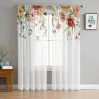 Yiran Furniture Rosa Blomma Ros Vintage Skira Gardiner för Vardagsrumsdekoration Tyll Voile Organza Fönstergardiner för Kök Sovrum W135 x H115cm x1&Grommet Top