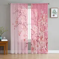 Yiran Furniture Aquarell Rosa Körsbärsblomma Tusch Chiffong Skira Gardiner för Vardagsrum Sovrum Dekoration Fönster Voiler Tyllgardin Draperier W135 x H115cm x1&Grommet Top