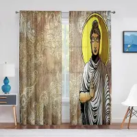 Yiran Furniture Buddhistisk Buddha Staty Gyllene Ljus Solnedgång Skir Gardin för Vardagsrum Kök Fönster Sovrumsdekoration Tyg Gardin W65X60H(cm)X2Pcs&Grommet Top