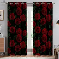 Yiran Furniture Röda Ros Gardiner, Fönsterdekoration, Retro Floral, 3D-tryck, Anpassad, Sovrum, Vardagsrum, Kök 2 st W50xH130(CM)x2PCS&Rod pocket