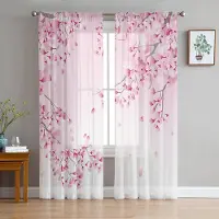 Yiran Furniture Japansk stil Sakura Cherry Blossom Rosa blomma Skira Gardiner Vardagsrumsdekoration Fönstergardin Kök Tyll Voile Draperier W135 x H185cm x1&Rod Pocket