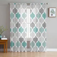 Yiran Furniture Turkosgrå Geometriska Marockanska Retro Skira Gardiner för Vardagsrumsdekoration Fönstergardiner Kök Tyll Voile Gardiner W135 x H115cm x1&Grommet Top