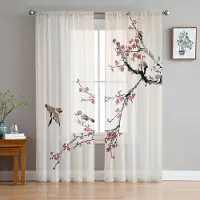 Yiran Furniture Gardiner i tyll och organza med bambugrenar i kinesisk stil för vardagsrumsinredning, fönstergardin för sovrum, voilédraperier W135 x H115cm x1&Grommet Top