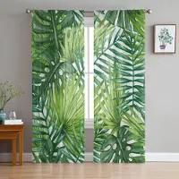 Yiran Furniture Tropiska blad Palmträd Grön växt Vita tyllskira fönstergardiner för vardagsrum sovrum Voile Organza Gardiner Draperier W135 x H115cm x1&Grommet Top