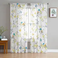 Yiran Furniture Löv i lantlig stil Rödbröst Skira gardiner för Sovrum Vardagsrum Dekoration Fönstergardin Kök Tyll Voile Organza Draperier W135 x H115cm x1&Grommet Top