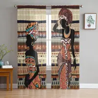 Yiran Furniture Etnisk Stil Afrikanska Kvinnor Svarta Kvinnor Genomskinliga Gardiner för Vardagsrumsdekoration Fönstergardin Kök Tyl Voile Gardiner W135 x H115cm x1&Grommet Top