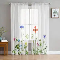 Yiran Furniture Akvarellmålning Blommor Blad Vita Tyll Skira Gardiner för Vardagsrum Sovrum Dekor Fönstergardin Voile Organza Draperier W135 x H115cm x1&Rod Pocket