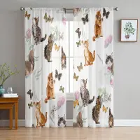 Yiran Furniture Tecknad Djur Färg Katt Tyg Fönstergardiner Vardagsrum Organzagarn Skir Voilegardin Sovrum Kök Heminredning Draperi W135 x H115cm x1&Grommet Top