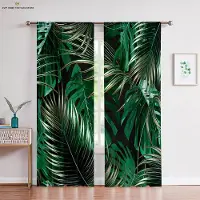 Yiran Furniture Tropisk vegetation gröna blad 3D-tryckta gardiner sovrum arbetsrum vardagsrum kök dekorativa gardiner 2 stycken W50X130H(CM)X2PCS&Grommet Top