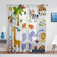 Yiran Furniture Djungelsafari Djur Skir Voile Gardin för Baby Sovrum Barn Barnkammare Söt Elefant Lejon Giraff Tiger Fönster Tyllgardiner W50X130H(cm)x2Pcs&Grommet Top