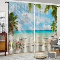 Yiran Furniture 2 st Blå Himmel Palmträd Strand 3D Digitaltryck Gardin Hushållsdekoration Stångficka Gardin För Vardagsrum Kontor Hem 2x50W130H(CM)&rod pocket blue